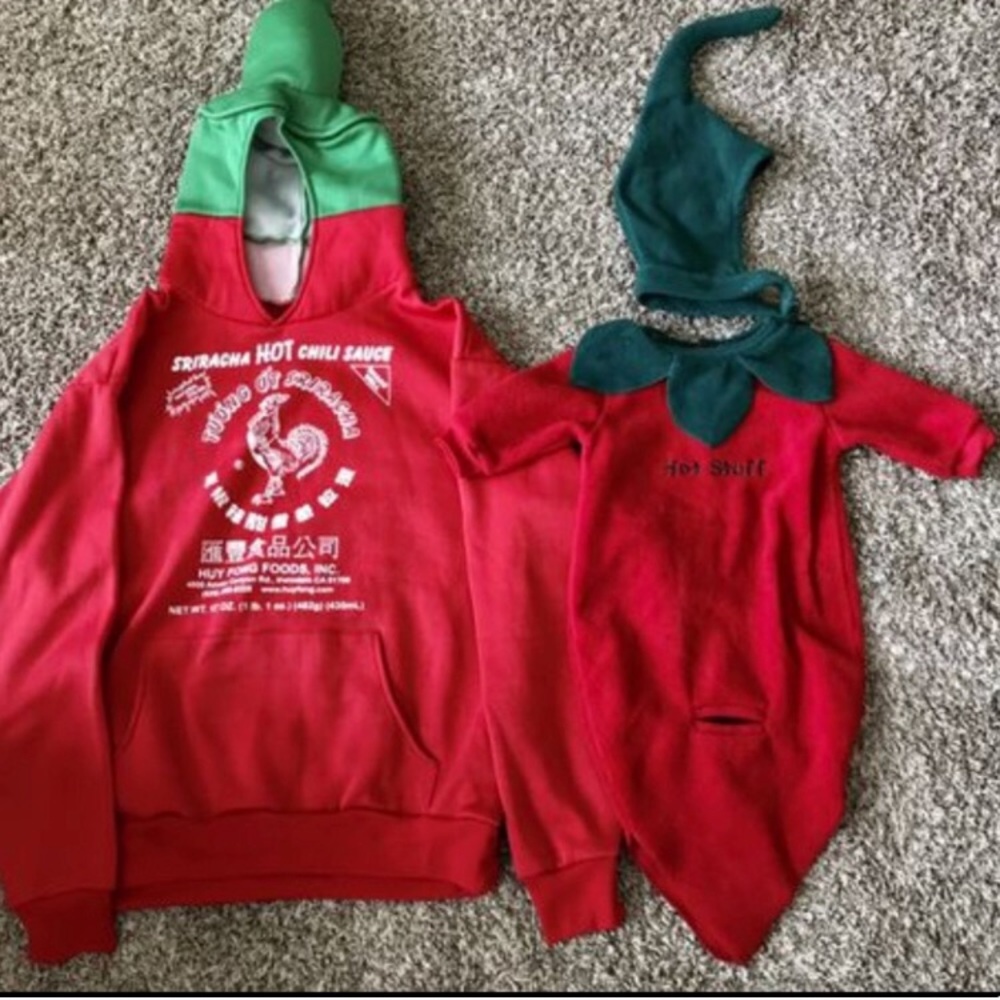 Sriracha hoodie & red got chili pepper costume🌶